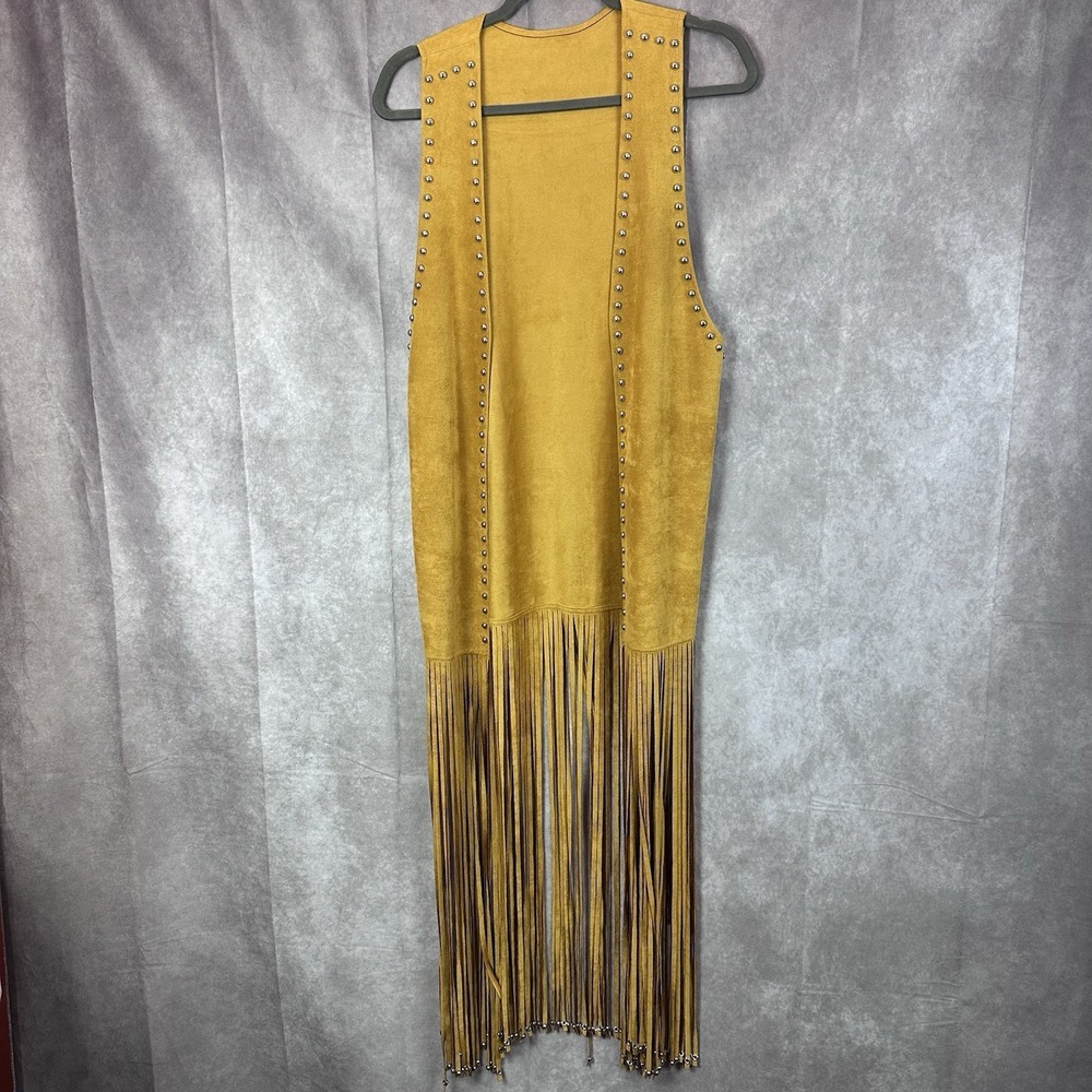 Crazy Train Mustard Studded Fringe Duster Vest Open Front Western Boho